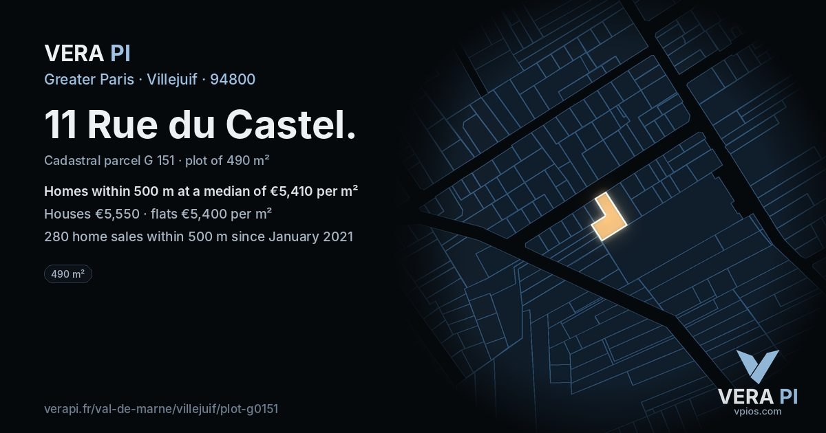 11 Rue du Castel, Villejuif at night – the plot lit, the parcels around coloured by the prices near them
