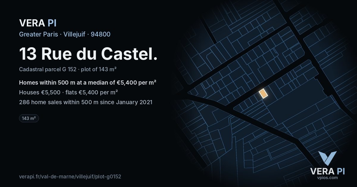 13 Rue du Castel, Villejuif at night – the plot lit, the parcels around coloured by the prices near them