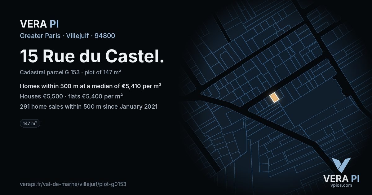 15 Rue du Castel, Villejuif at night – the plot lit, the parcels around coloured by the prices near them