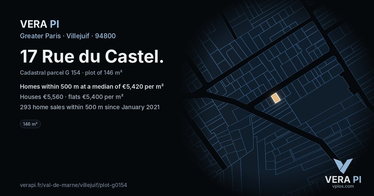 17 Rue du Castel, Villejuif at night – the plot lit, the parcels around coloured by the prices near them