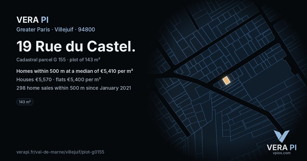 19 Rue du Castel, Villejuif at night – the plot lit, the parcels around coloured by the prices near them