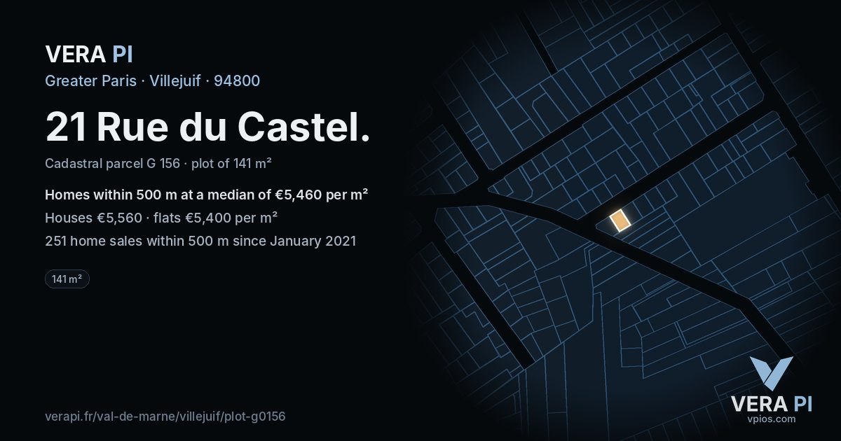 21 Rue du Castel, Villejuif at night – the plot lit, the parcels around coloured by the prices near them