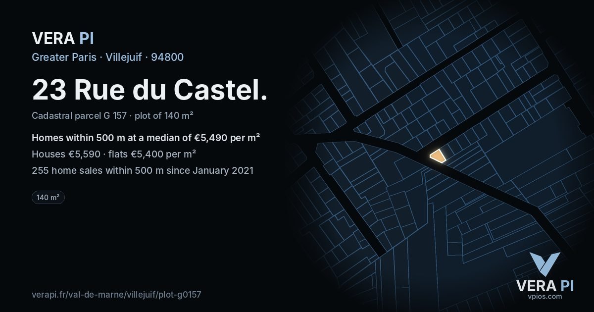 23 Rue du Castel, Villejuif at night – the plot lit, the parcels around coloured by the prices near them