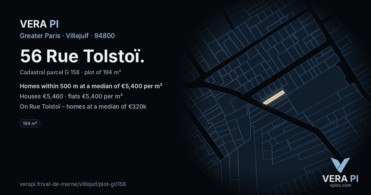 56 Rue Tolstoï, Villejuif at night – the plot lit, the parcels around coloured by the prices near them
