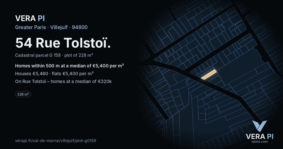 54 Rue Tolstoï, Villejuif at night – the plot lit, the parcels around coloured by the prices near them