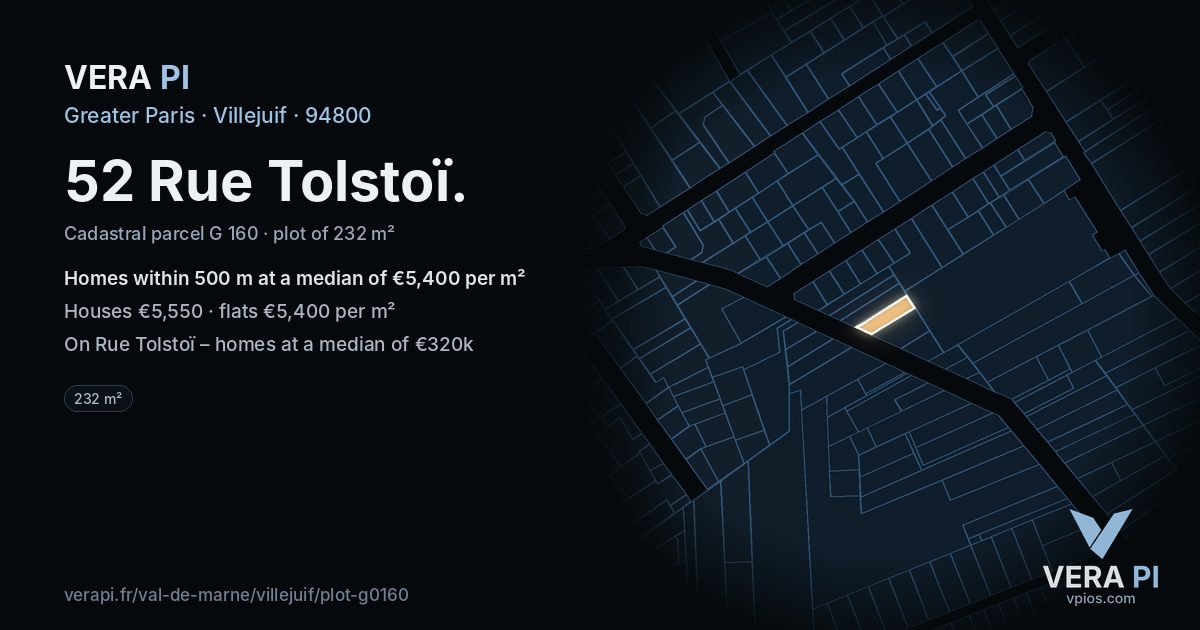 52 Rue Tolstoï, Villejuif at night – the plot lit, the parcels around coloured by the prices near them