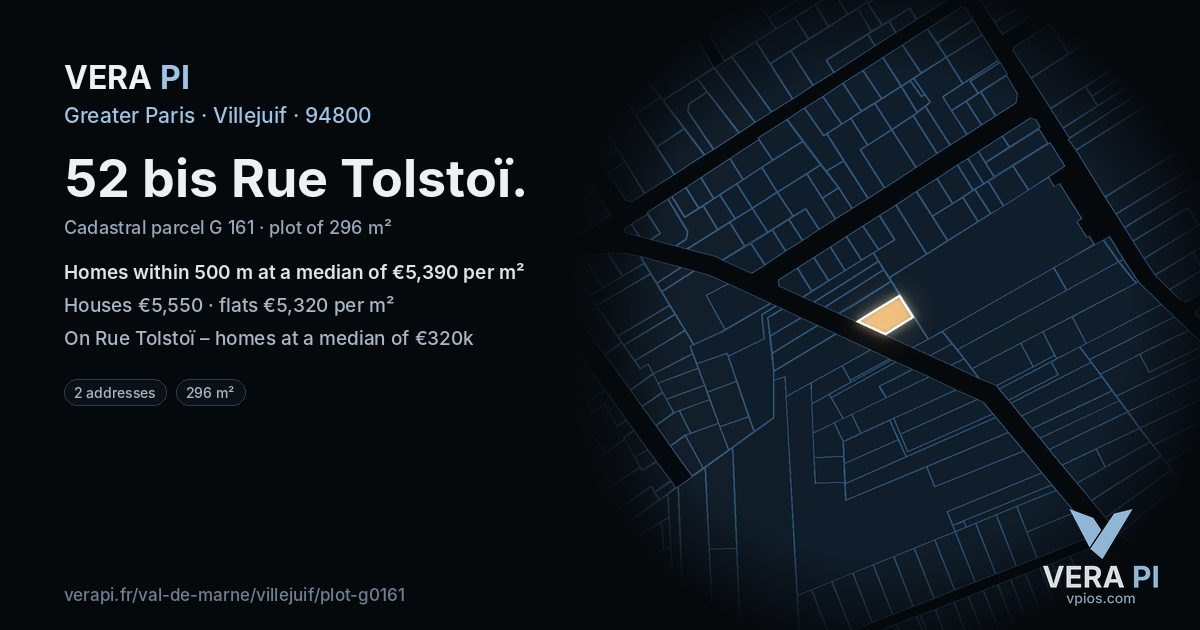 52 bis Rue Tolstoï, Villejuif at night – the plot lit, the parcels around coloured by the prices near them