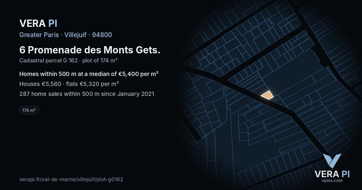 6 Promenade des Monts Gets, Villejuif at night – the plot lit, the parcels around coloured by the prices near them