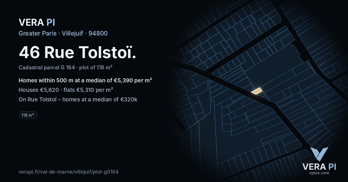 46 Rue Tolstoï, Villejuif at night – the plot lit, the parcels around coloured by the prices near them