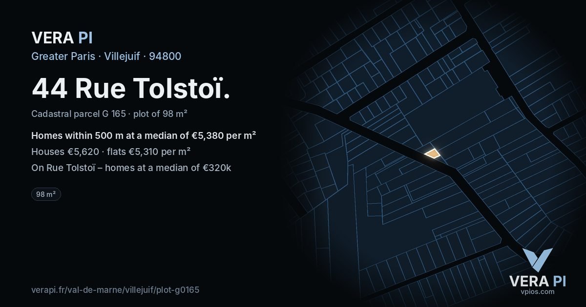 44 Rue Tolstoï, Villejuif at night – the plot lit, the parcels around coloured by the prices near them