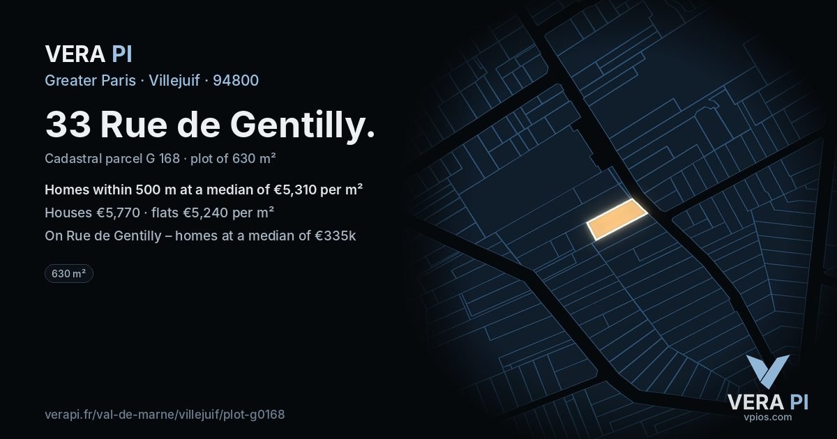 33 Rue de Gentilly, Villejuif at night – the plot lit, the parcels around coloured by the prices near them