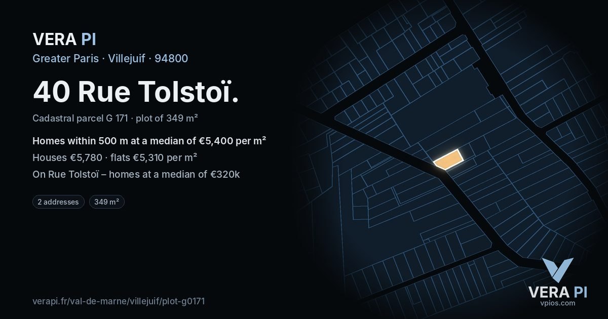 40 Rue Tolstoï, Villejuif at night – the plot lit, the parcels around coloured by the prices near them