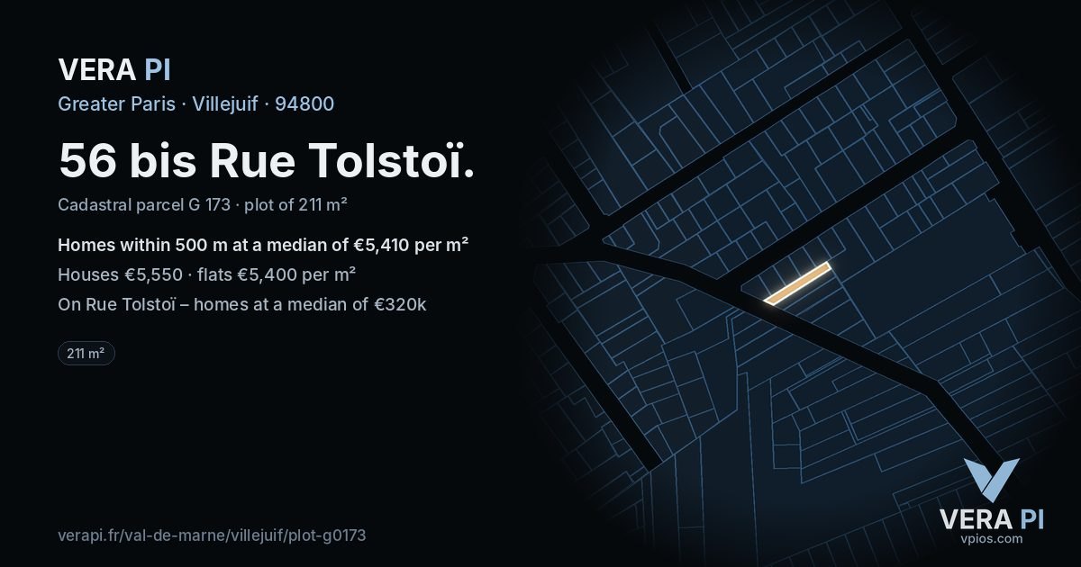 56 bis Rue Tolstoï, Villejuif at night – the plot lit, the parcels around coloured by the prices near them