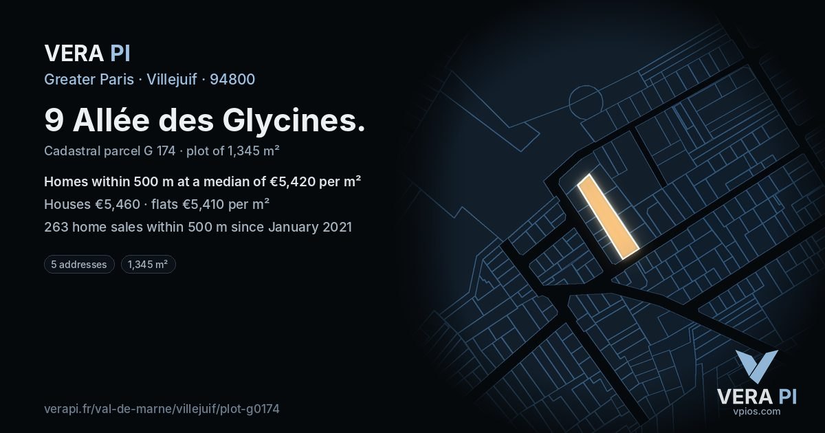 9 Allée des Glycines, Villejuif at night – the plot lit, the parcels around coloured by the prices near them