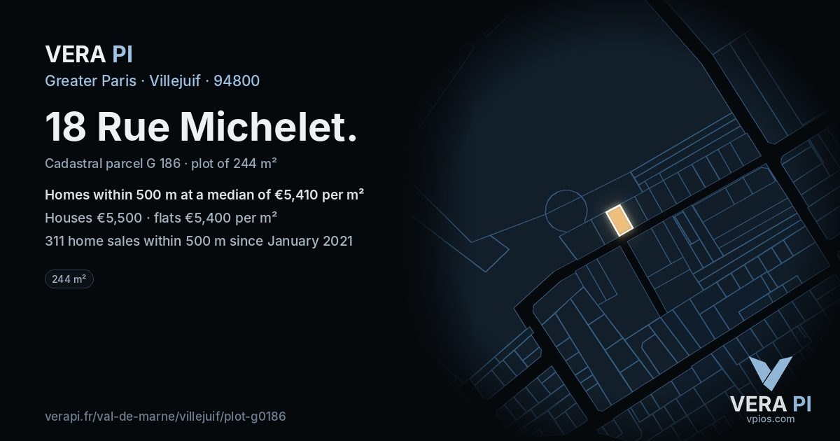 18 Rue Michelet, Villejuif at night – the plot lit, the parcels around coloured by the prices near them