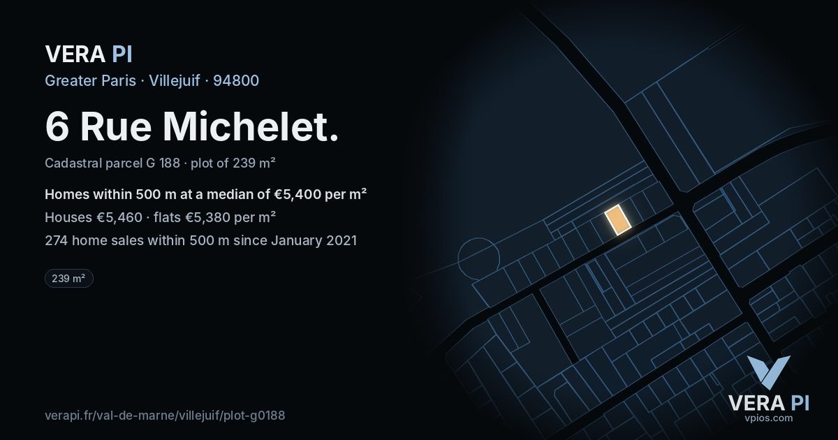 6 Rue Michelet, Villejuif at night – the plot lit, the parcels around coloured by the prices near them