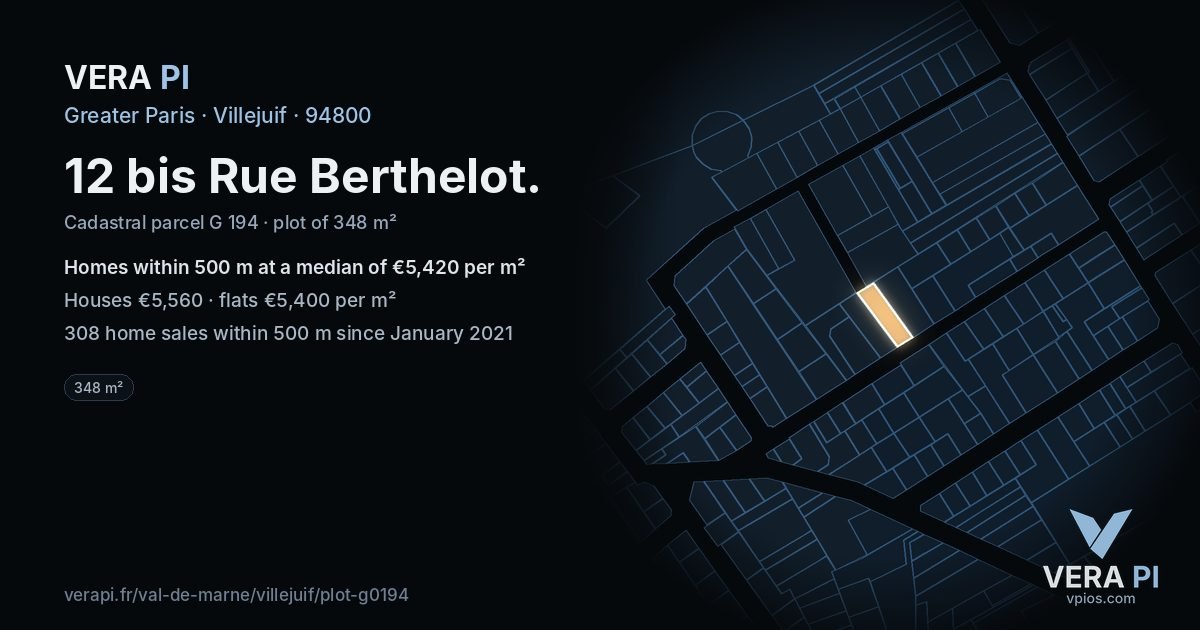 12 bis Rue Berthelot, Villejuif at night – the plot lit, the parcels around coloured by the prices near them