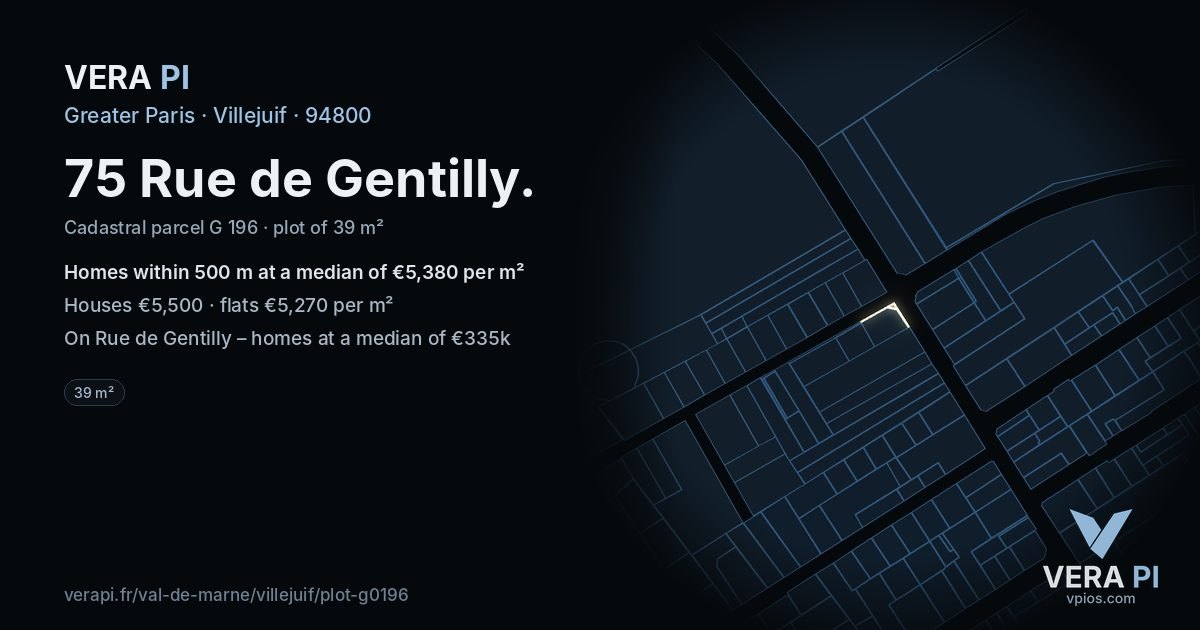 75 Rue de Gentilly, Villejuif at night – the plot lit, the parcels around coloured by the prices near them