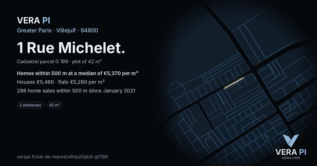 1 Rue Michelet, Villejuif at night – the plot lit, the parcels around coloured by the prices near them