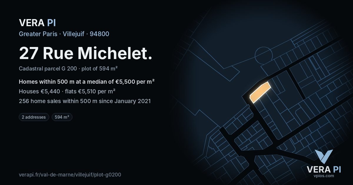 27 Rue Michelet, Villejuif at night – the plot lit, the parcels around coloured by the prices near them