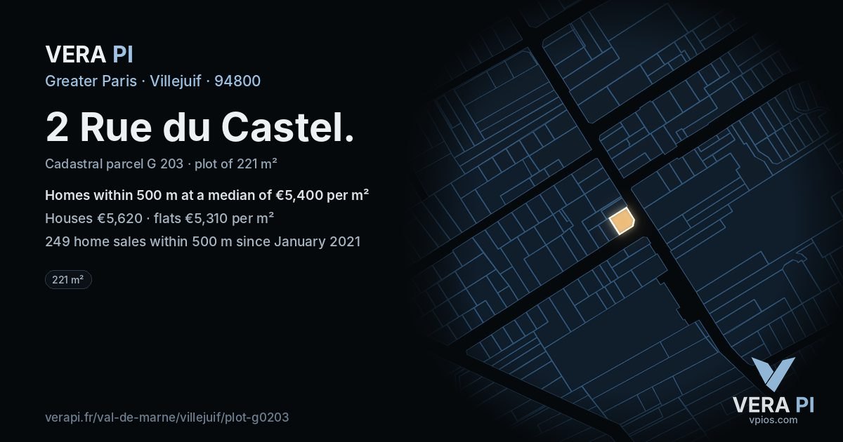 2 Rue du Castel, Villejuif at night – the plot lit, the parcels around coloured by the prices near them