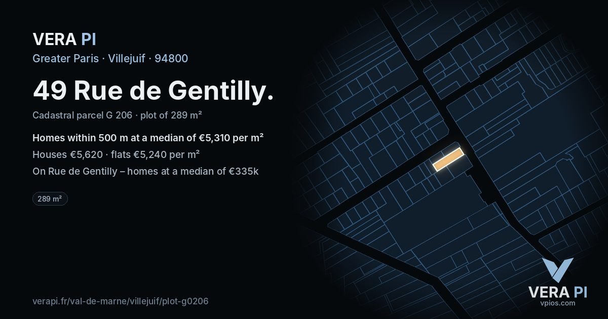49 Rue de Gentilly, Villejuif at night – the plot lit, the parcels around coloured by the prices near them