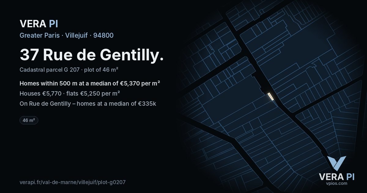 37 Rue de Gentilly, Villejuif at night – the plot lit, the parcels around coloured by the prices near them
