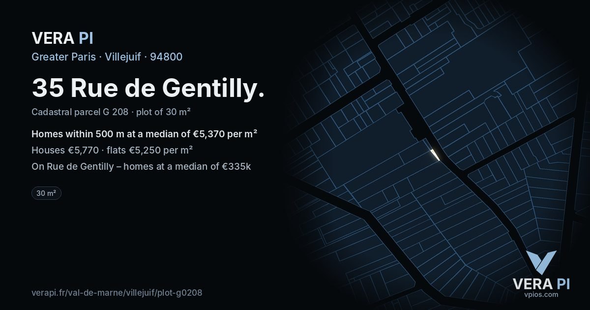 35 Rue de Gentilly, Villejuif at night – the plot lit, the parcels around coloured by the prices near them
