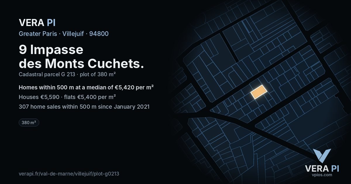 9 Impasse des Monts Cuchets, Villejuif at night – the plot lit, the parcels around coloured by the prices near them