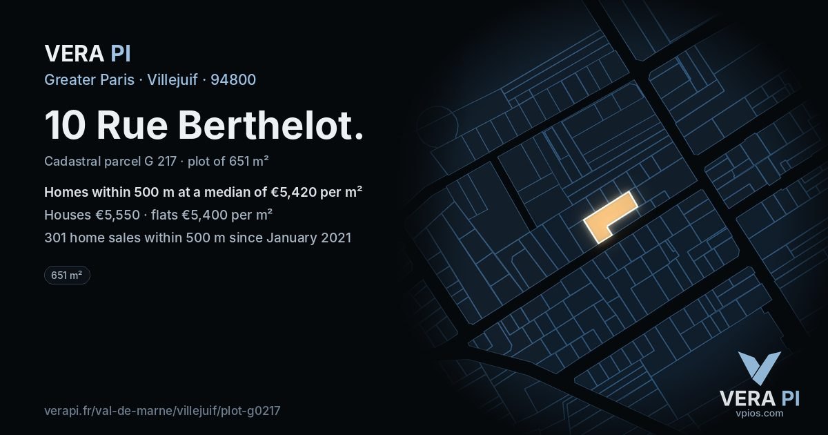 10 Rue Berthelot, Villejuif at night – the plot lit, the parcels around coloured by the prices near them