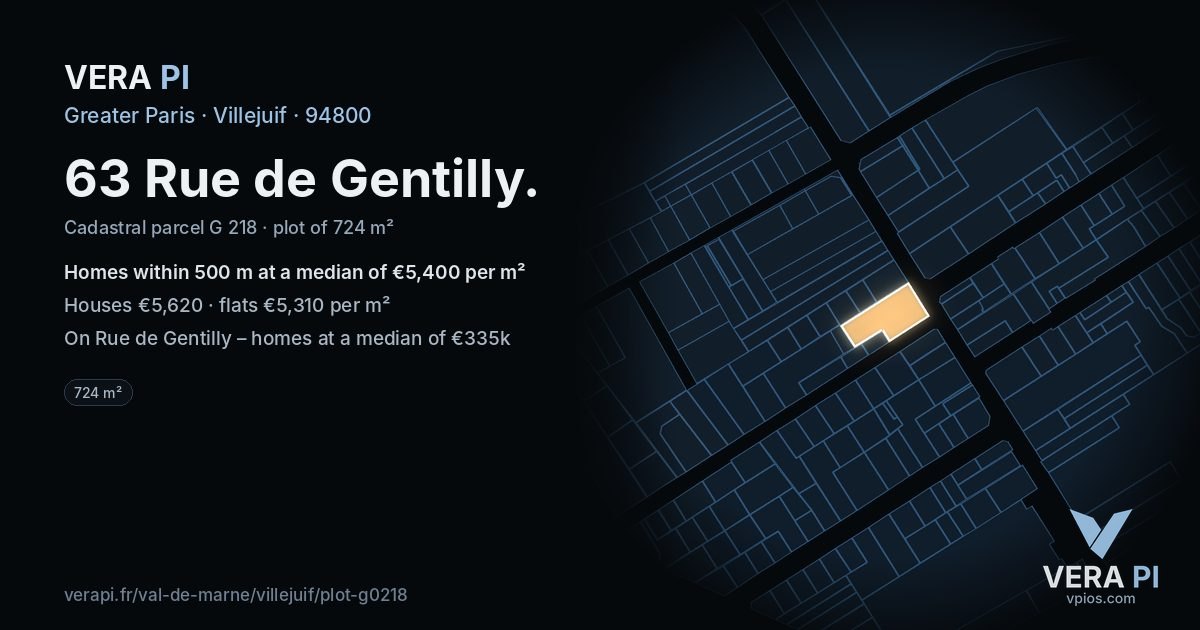 63 Rue de Gentilly, Villejuif at night – the plot lit, the parcels around coloured by the prices near them