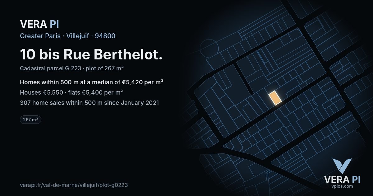 10 bis Rue Berthelot, Villejuif at night – the plot lit, the parcels around coloured by the prices near them