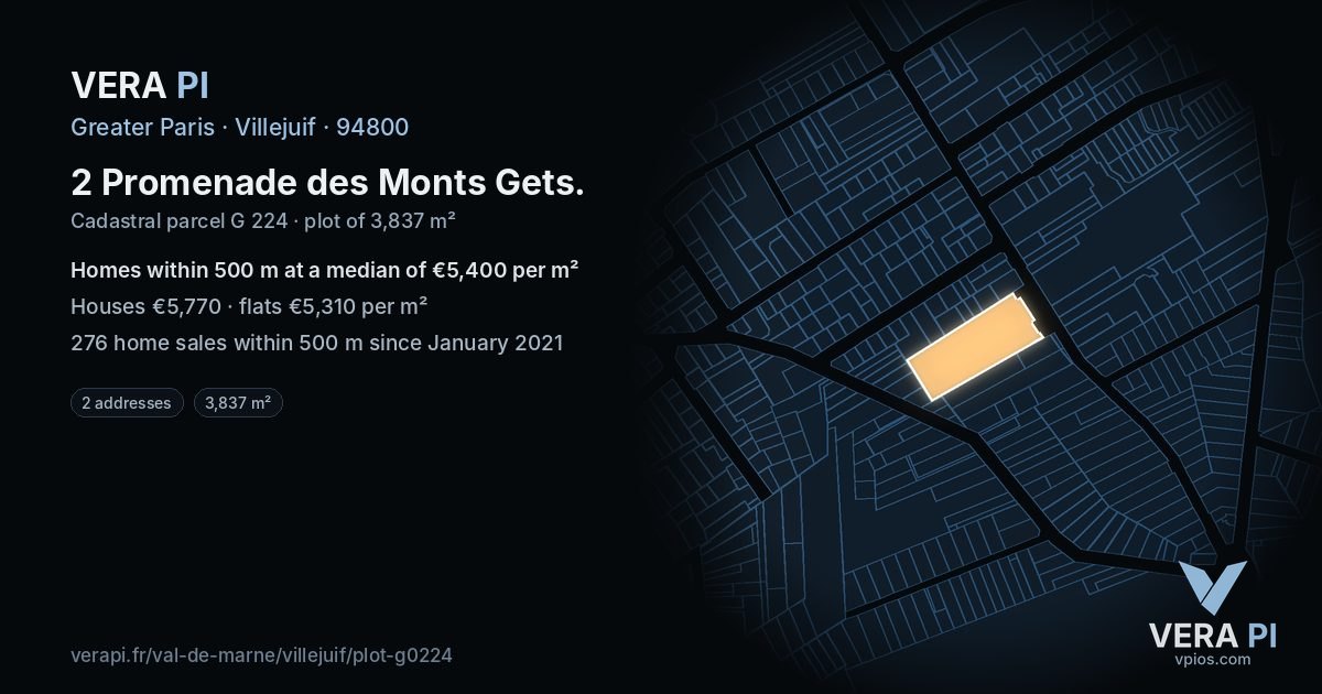 2 Promenade des Monts Gets, Villejuif at night – the plot lit, the parcels around coloured by the prices near them