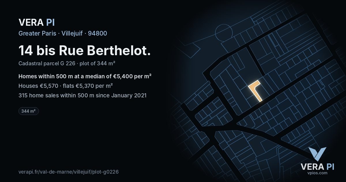 14 bis Rue Berthelot, Villejuif at night – the plot lit, the parcels around coloured by the prices near them