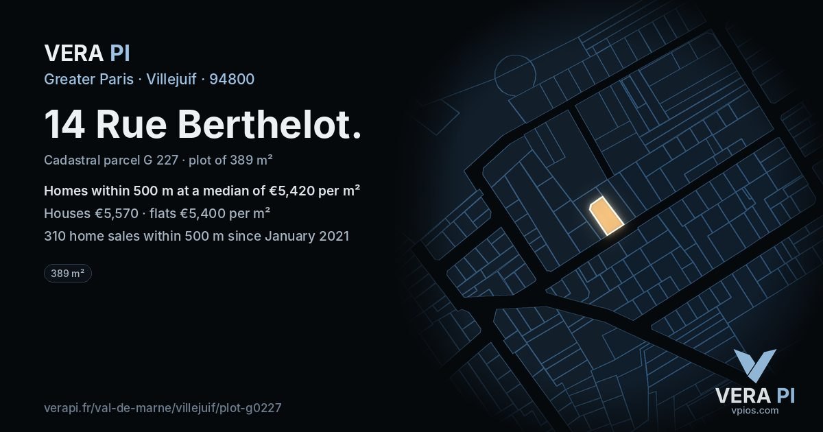 14 Rue Berthelot, Villejuif at night – the plot lit, the parcels around coloured by the prices near them