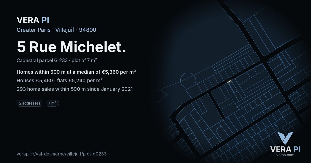 5 Rue Michelet, Villejuif at night – the plot lit, the parcels around coloured by the prices near them