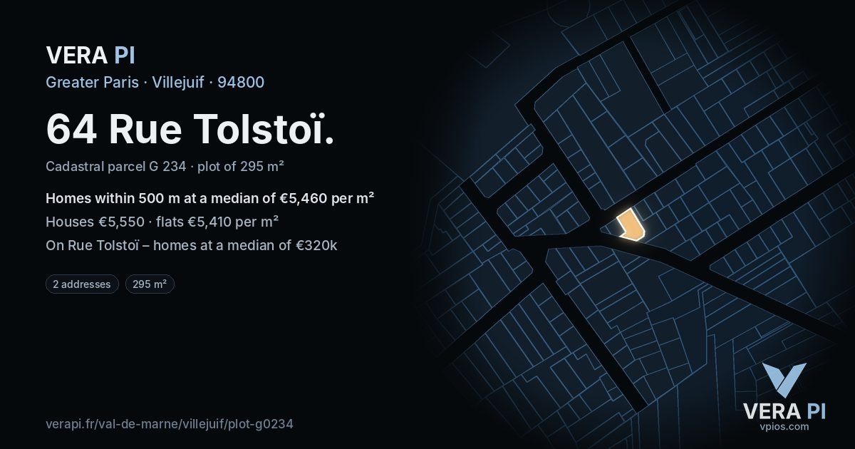 64 Rue Tolstoï, Villejuif at night – the plot lit, the parcels around coloured by the prices near them