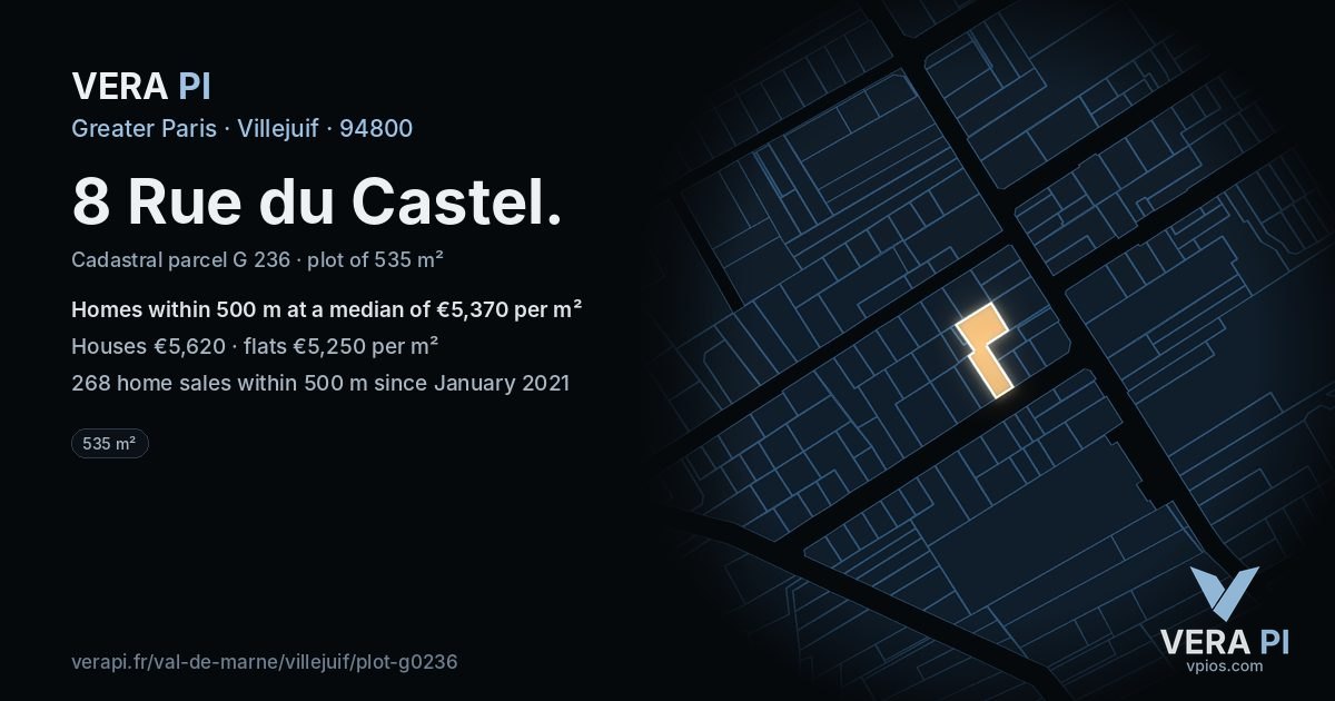 8 Rue du Castel, Villejuif at night – the plot lit, the parcels around coloured by the prices near them
