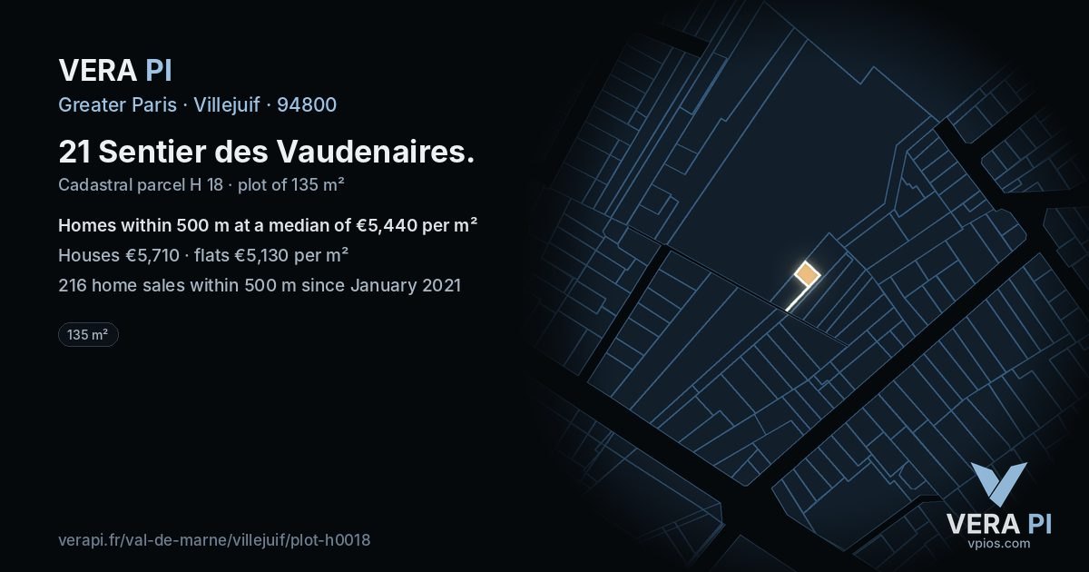 21 Sentier des Vaudenaires, Villejuif at night – the plot lit, the parcels around coloured by the prices near them