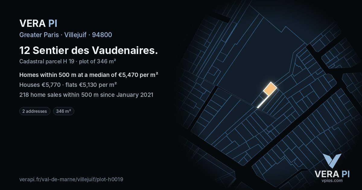 12 Sentier des Vaudenaires, Villejuif at night – the plot lit, the parcels around coloured by the prices near them