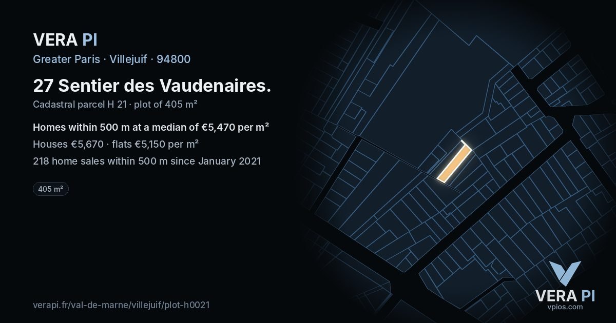 27 Sentier des Vaudenaires, Villejuif at night – the plot lit, the parcels around coloured by the prices near them