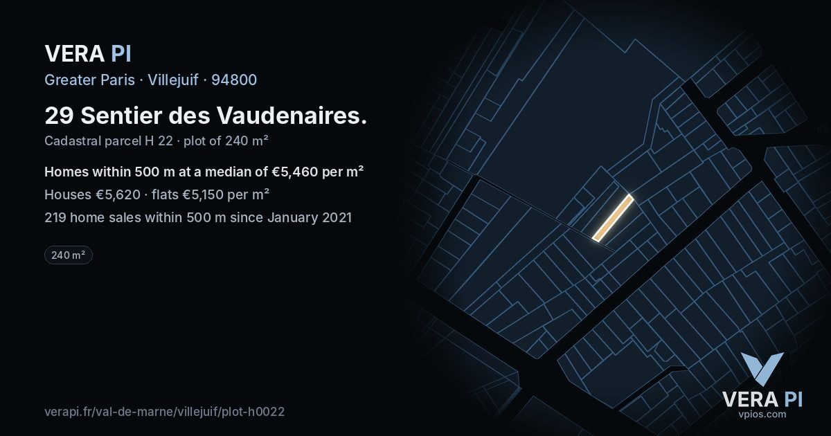 29 Sentier des Vaudenaires, Villejuif at night – the plot lit, the parcels around coloured by the prices near them