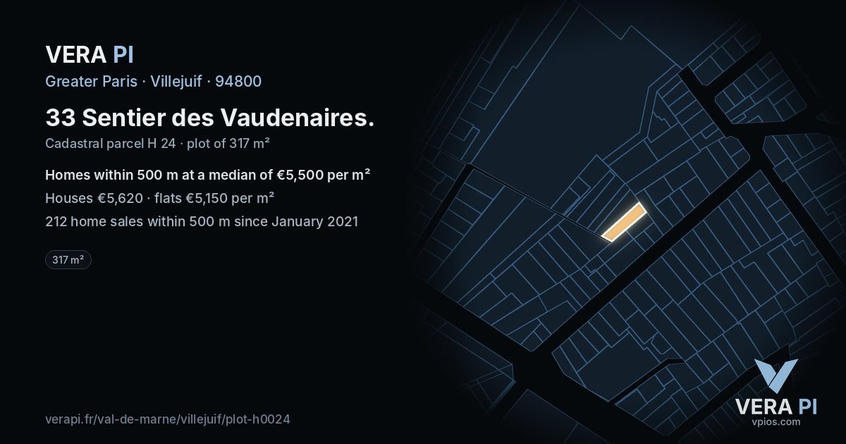 33 Sentier des Vaudenaires, Villejuif at night – the plot lit, the parcels around coloured by the prices near them