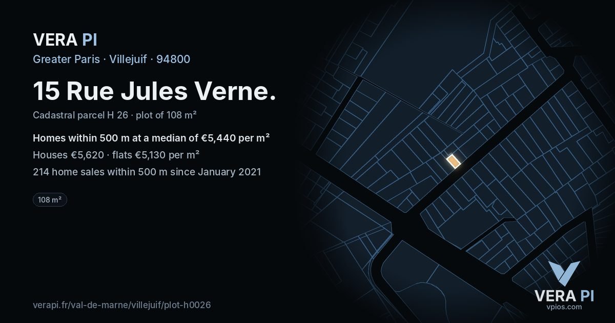 15 Rue Jules Verne, Villejuif at night – the plot lit, the parcels around coloured by the prices near them