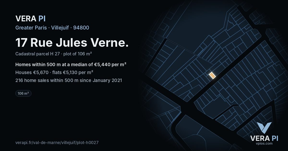 17 Rue Jules Verne, Villejuif at night – the plot lit, the parcels around coloured by the prices near them