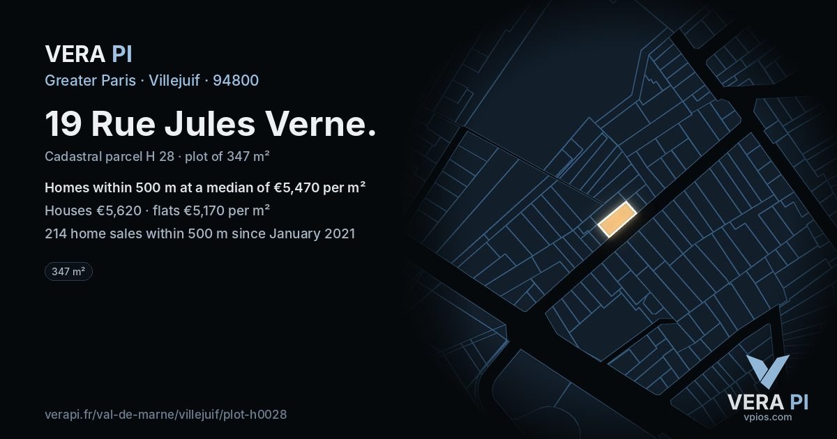 19 Rue Jules Verne, Villejuif at night – the plot lit, the parcels around coloured by the prices near them