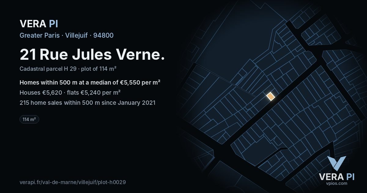 21 Rue Jules Verne, Villejuif at night – the plot lit, the parcels around coloured by the prices near them