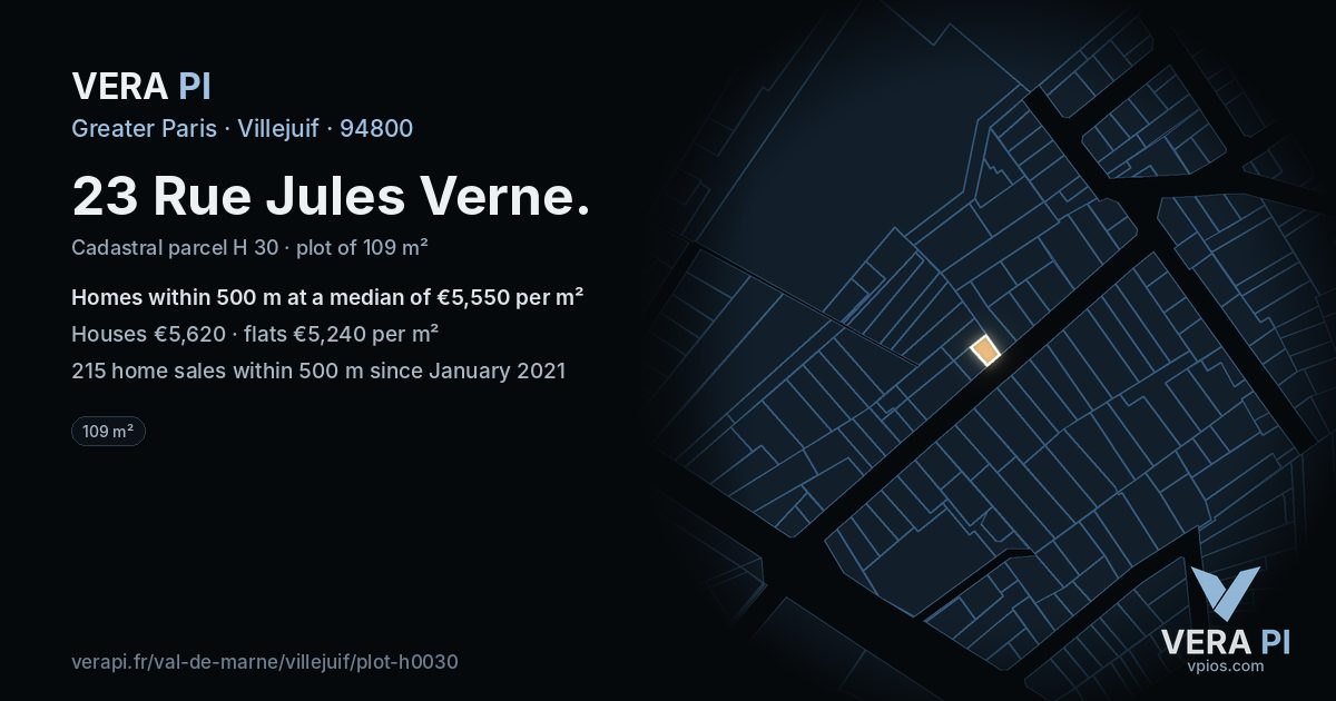 23 Rue Jules Verne, Villejuif at night – the plot lit, the parcels around coloured by the prices near them