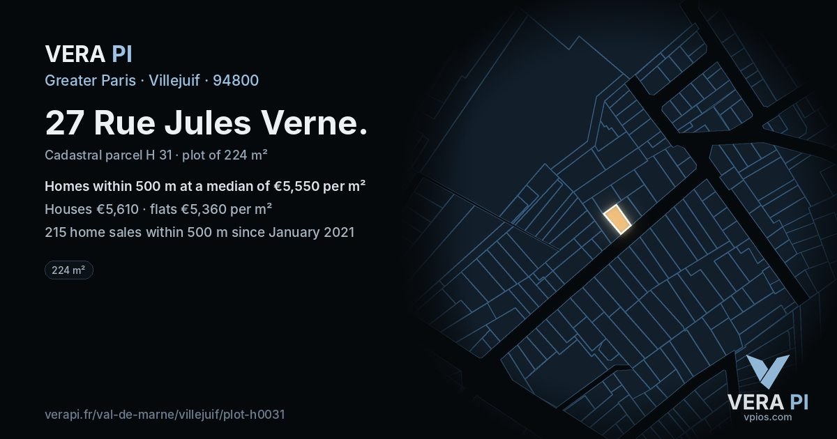 27 Rue Jules Verne, Villejuif at night – the plot lit, the parcels around coloured by the prices near them