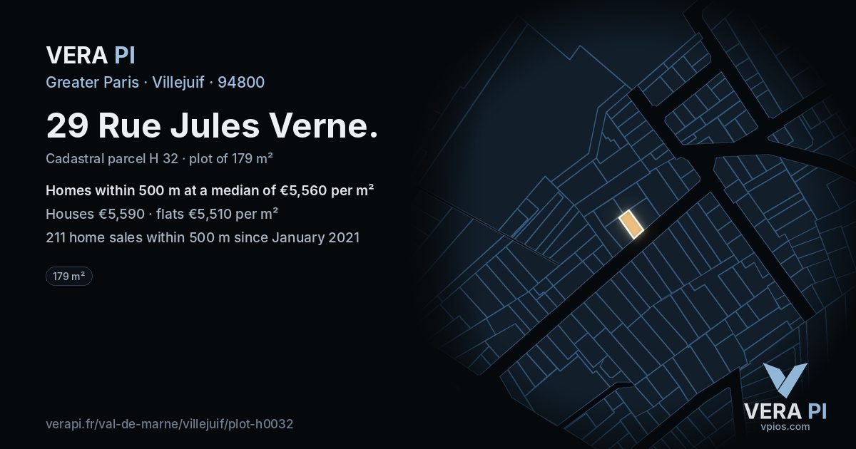 29 Rue Jules Verne, Villejuif at night – the plot lit, the parcels around coloured by the prices near them